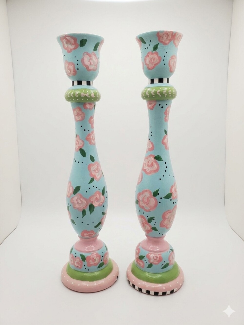 Mary Engelbreit Pastel Blue Candle Holder with Pink Roses - VTG 1999